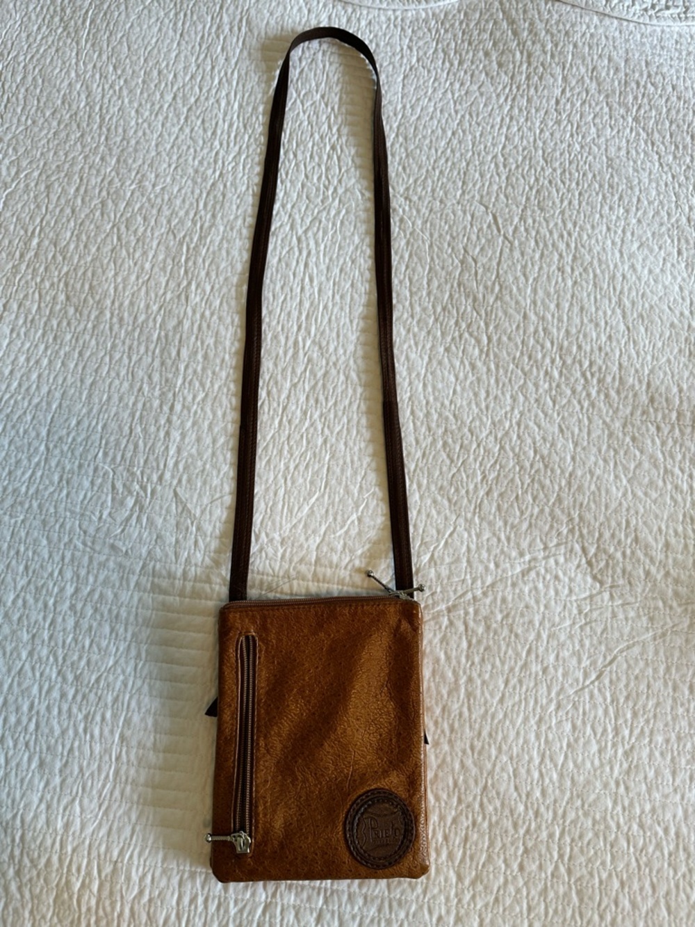 Prieto Italian leather, Compact Tan Crossbody Bag with Front Zip Pocket
